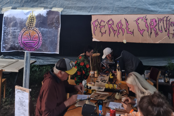 Feral Circuits workshop of low-powered regenerative energy noise synthesizers at Nonagon festival in Svävö, Sweden